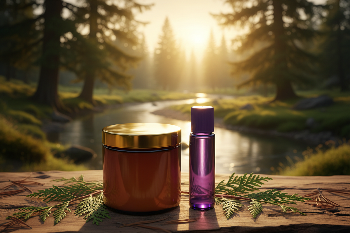 Amber Candle Gold Lid & Purple Roller - Cedar Water Nature