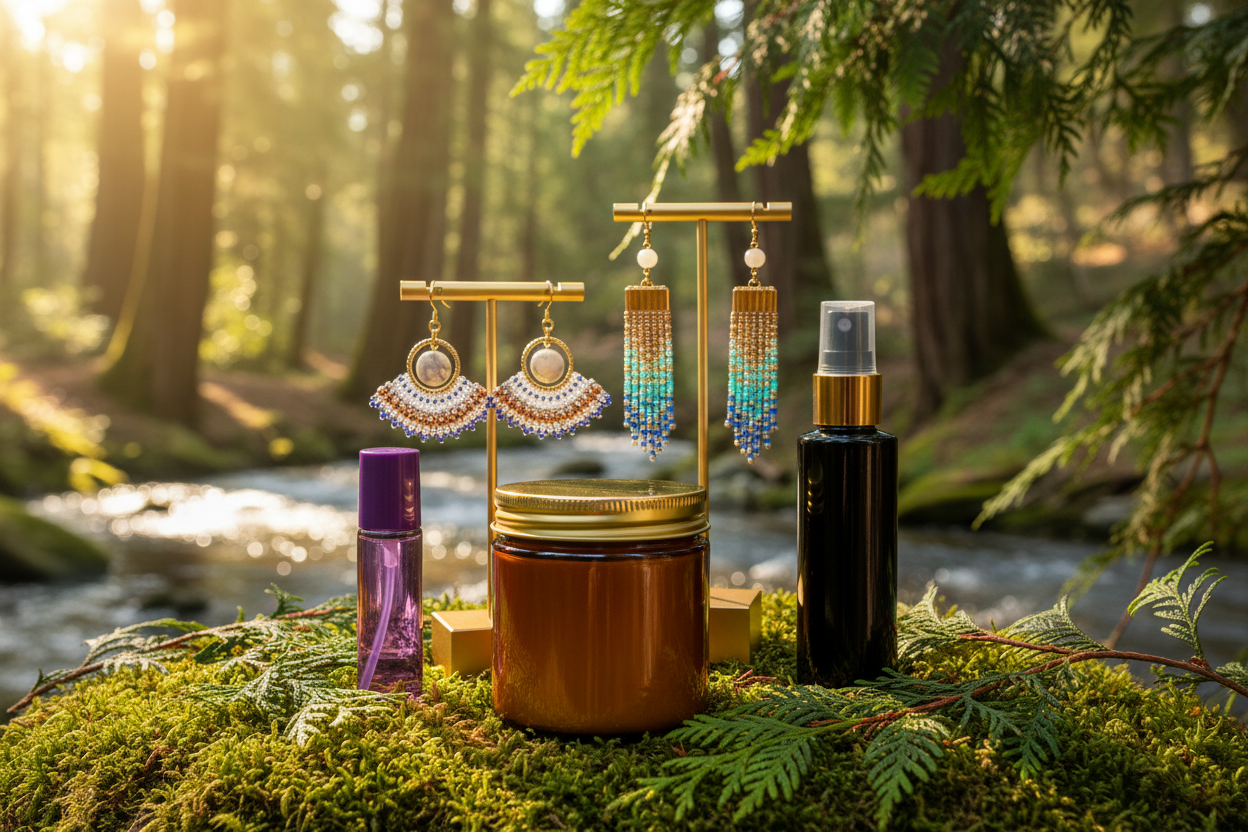 Candle, Purple Roller, Black Spray & Two Jewelry Pairs - Cedar Water Scene