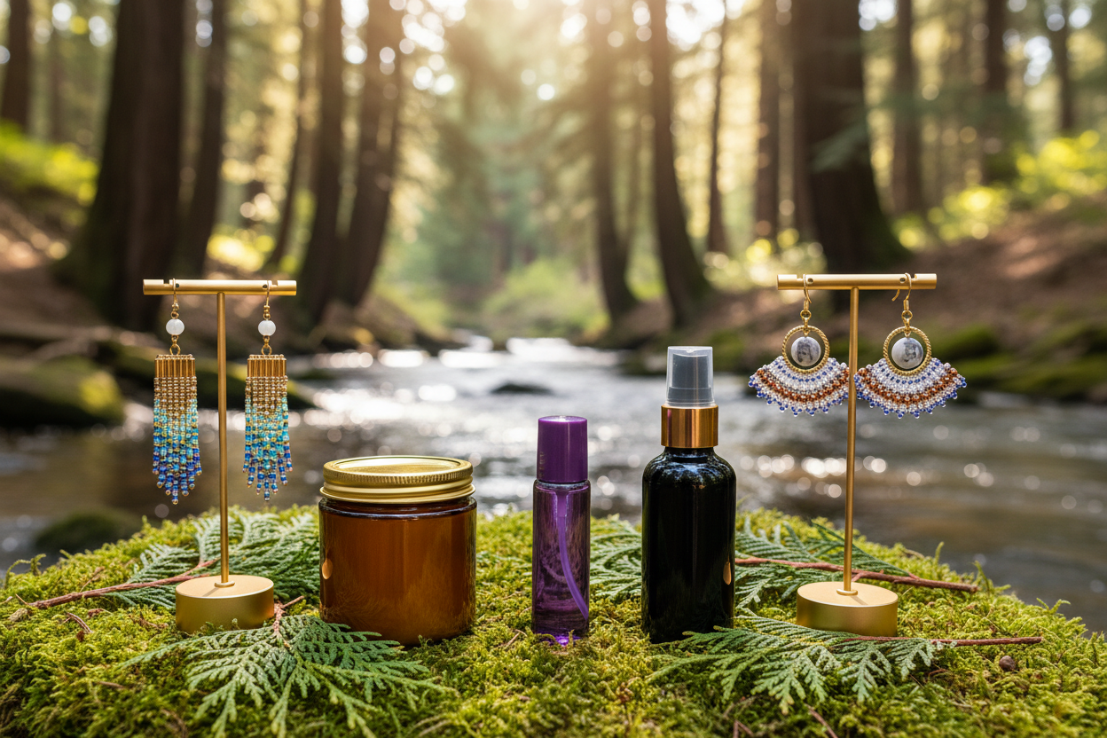 Full Collection - Candle, Roller, Black Spray & Three Jewelry Pairs - Cedar Water Scene