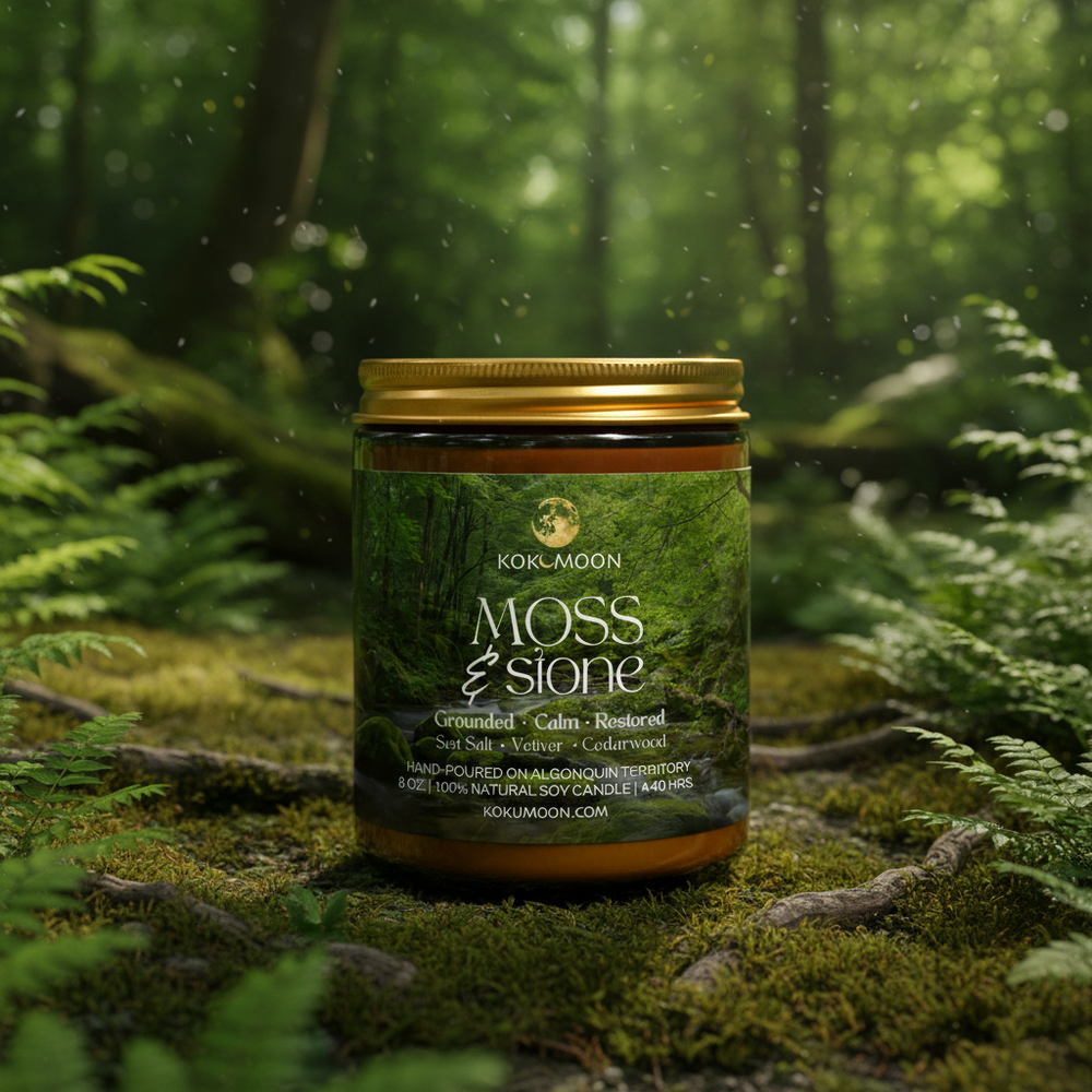 KOKUMOON Moss & Stone Candle with Forest Background
